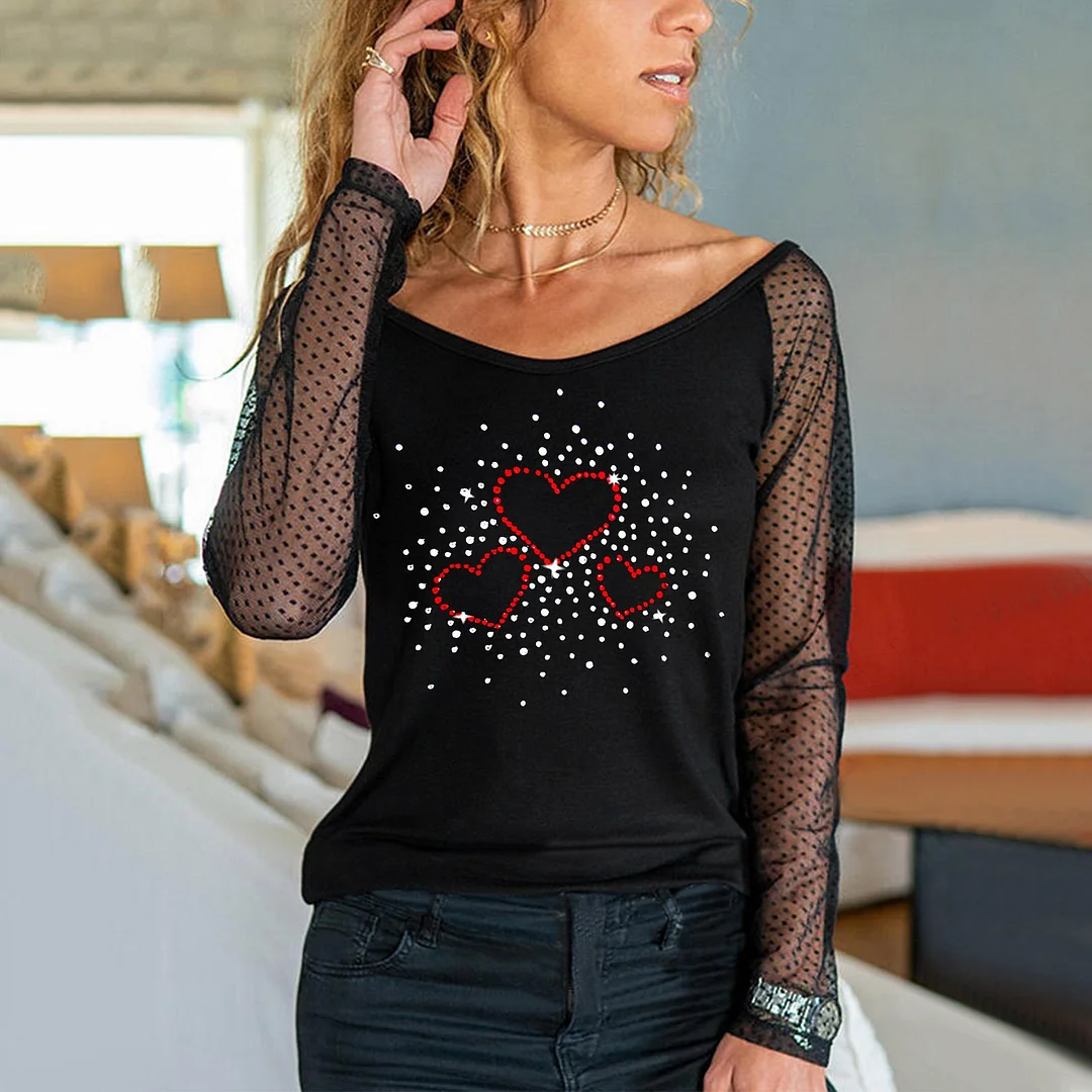 Women's Black Heart Rhinestone Sequin T-Shirt Top