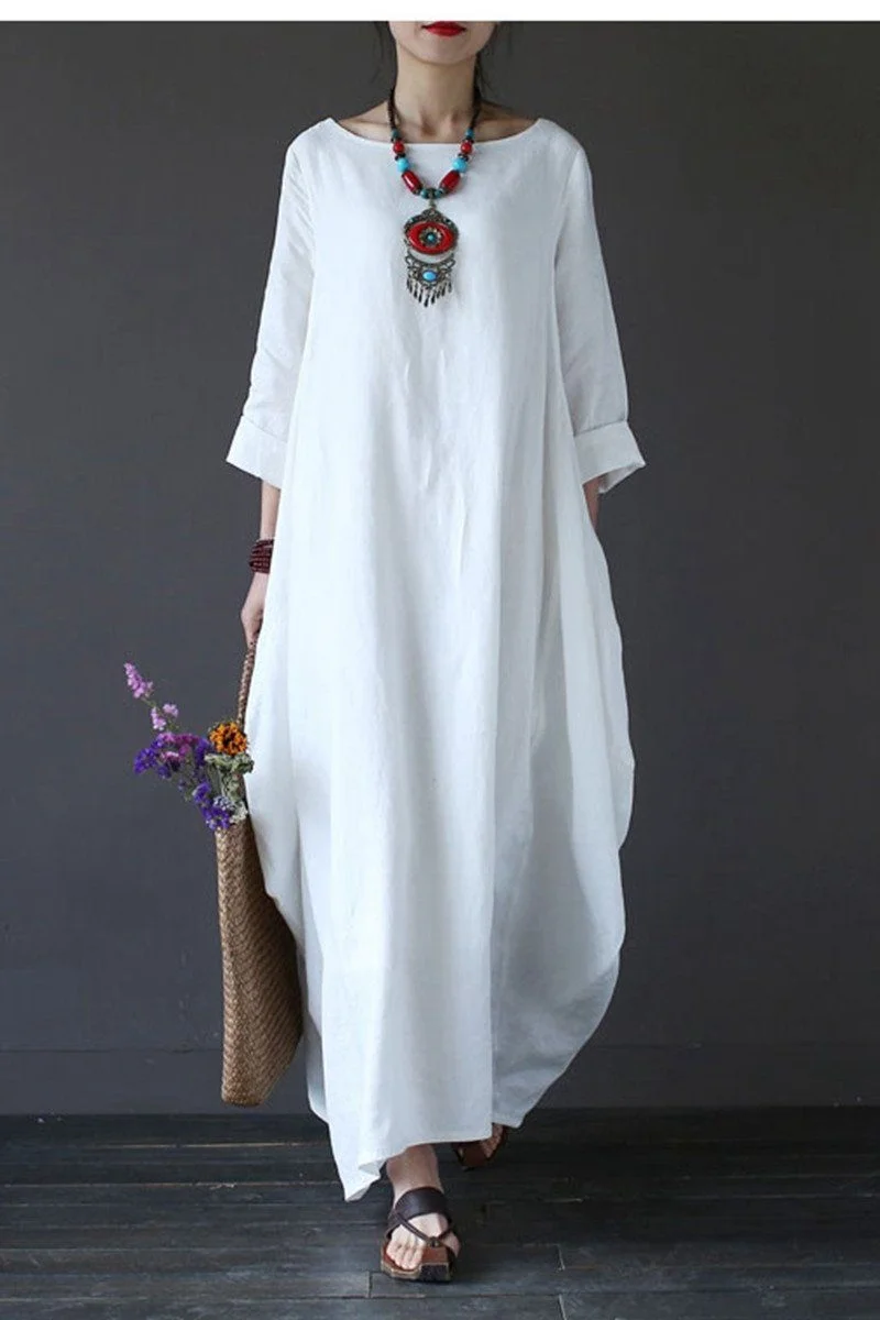 White Bat Sleeve Causel Long Dress Plus Size Oversize Outfits 1638