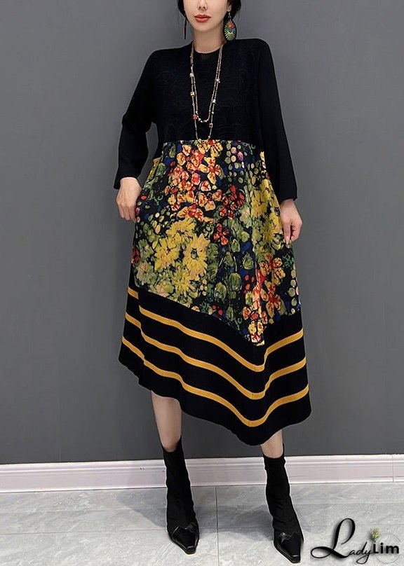 DIY Black O-Neck Print Striped Patchwork Knit Long Dresses Fall