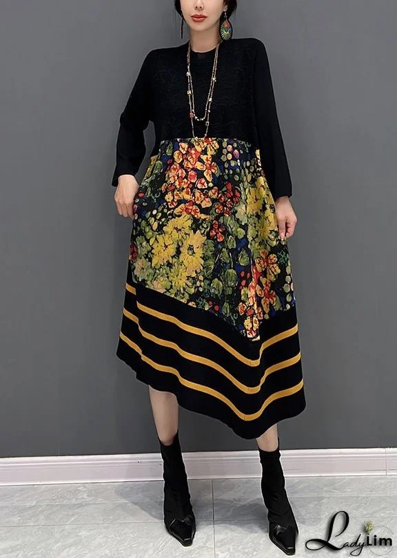 DIY Black O-Neck Print Striped Patchwork Knit Long Dresses Fall