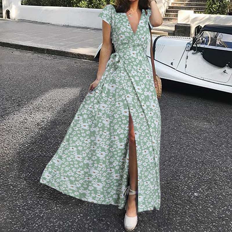 2021 Celmia Bohemian Summer Dress Women Floral Print Long Sundress Sexy V Neck Short Sleeve Wrap Bandage Party Maxi Vestido Robe