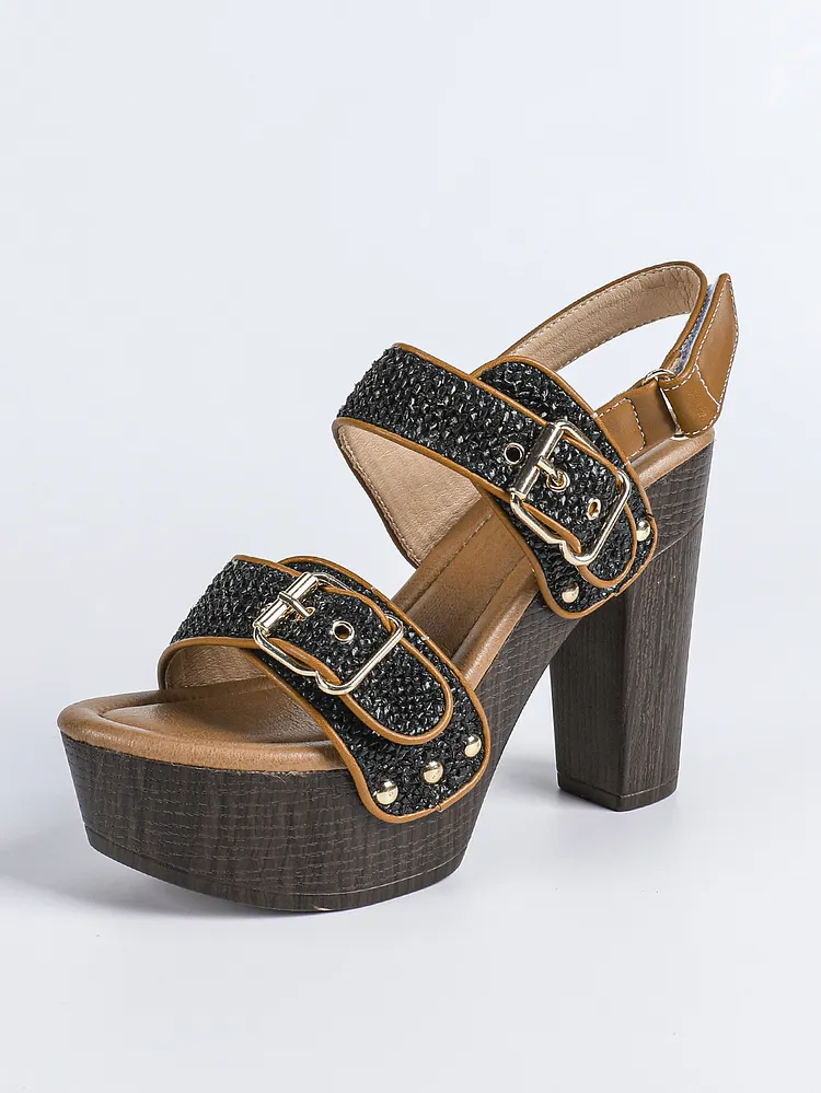 Women's 10cm High Chunky Heels One-Strap Studded Fish-Mouth Sandals