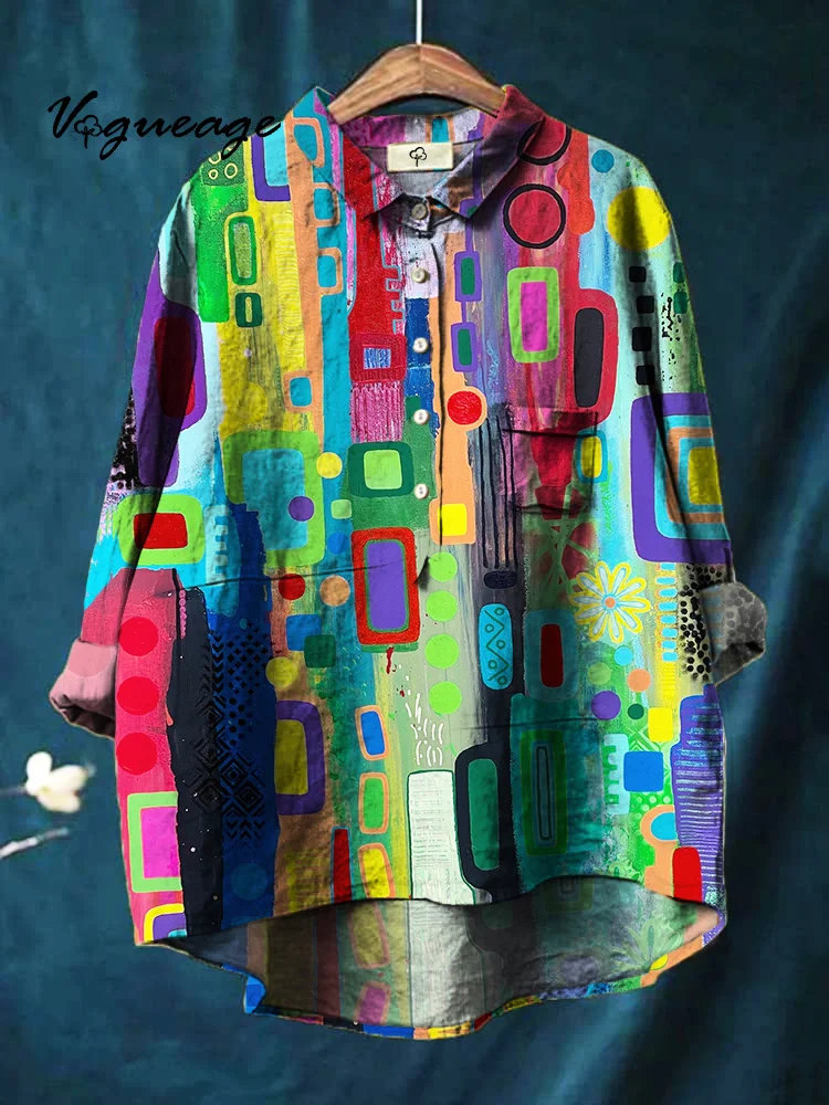 Fashionable Bright And Colorful Blocks Print Cotton And Linen Shirt