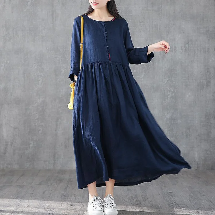 Bohemian navy linen clothes For Women o neck patchwork Traveling Dresses