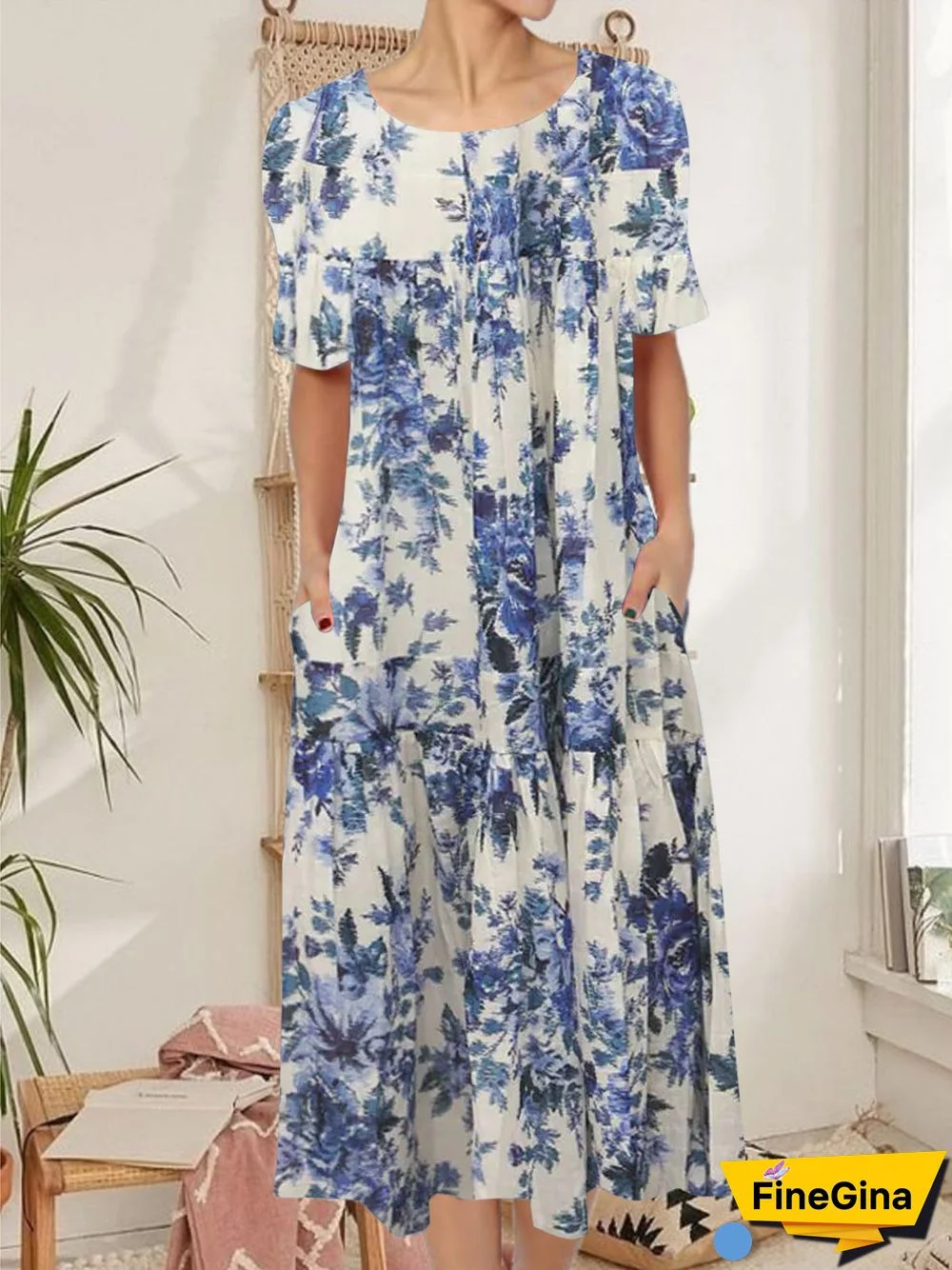 Women Short Sleeve Scoop Neck Floral Printed Midi Dress with Pockets