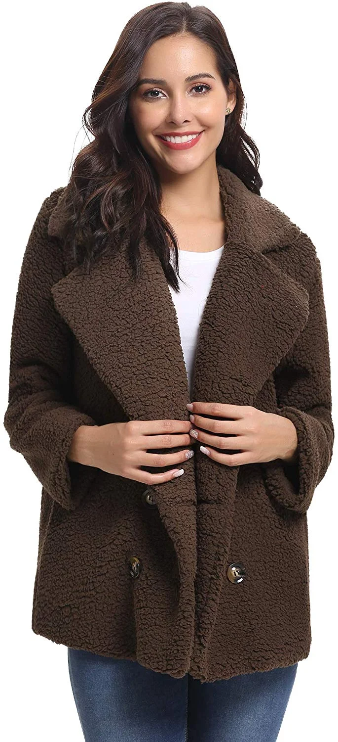 Women's Long Sleeve Coat Casual Lapel Fleece Fuzzy Faux Shearling Zipper Warm Winter Oversized Outwear Jackets