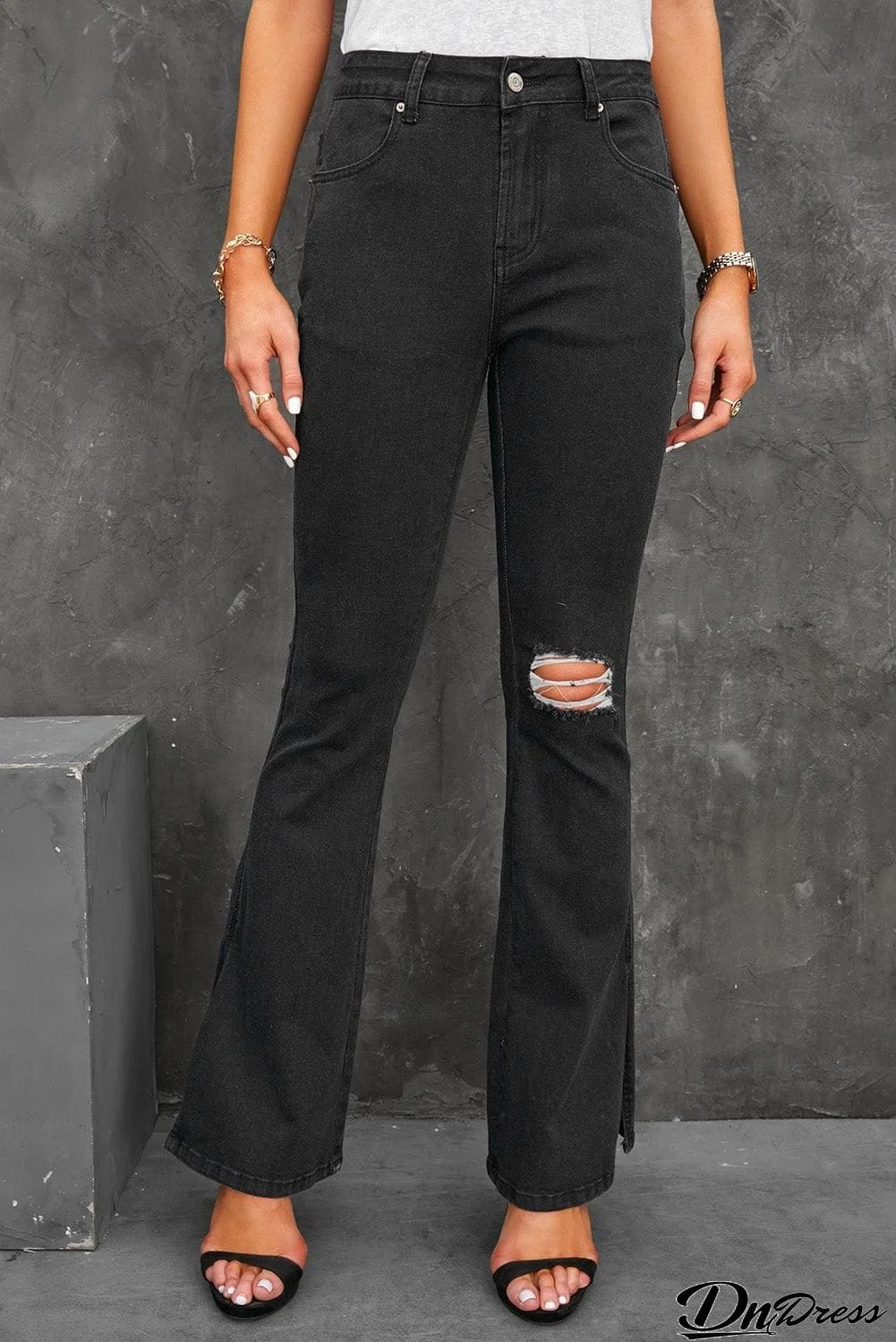 Side Slit Distressed Flare Jeans