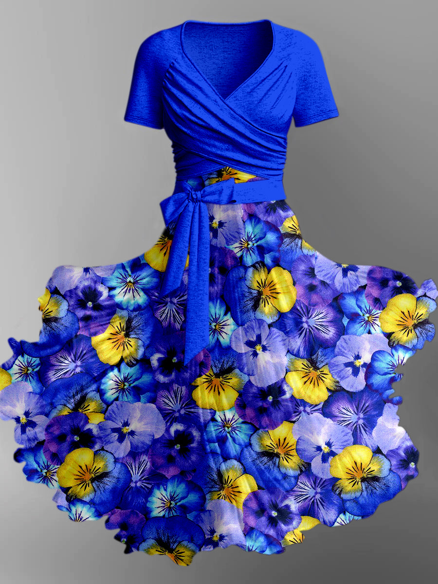 Floral Print Vintage V-Neck Short Sleeve Two-Piece Midi Dress