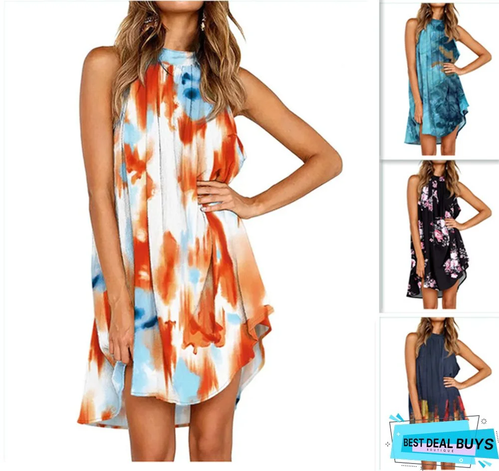 Trendy Printed Round Neck Pleated Sleeveless Dress