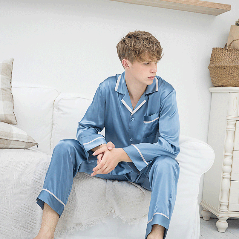 22 Momme Real Silk Pajamas For Men Blue Silk Pajamas