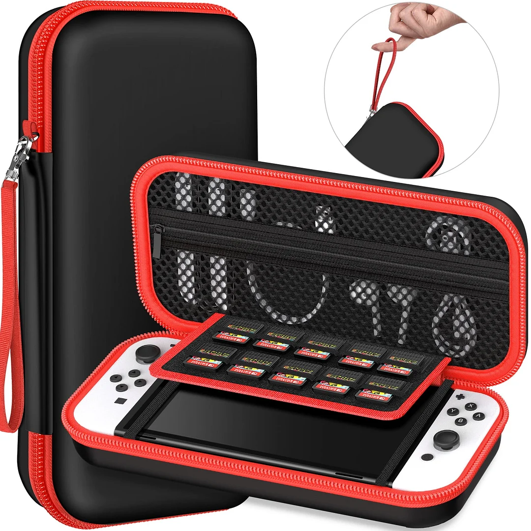 QQV Switch Carry Case Compatible with Switch OLED/Switch Console, Hard Shell Protective Portable Switch Carrying Case Travel Bag with Pockets for Accessories and with 10 Games Storage, Black