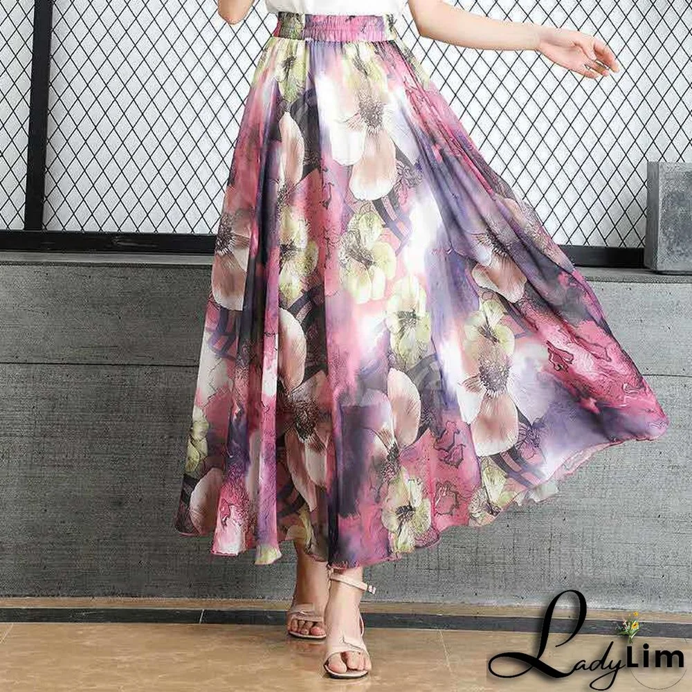 Drooping chiffon skirt, sweet style printed skirt, spring and summer ladies beach skirt
