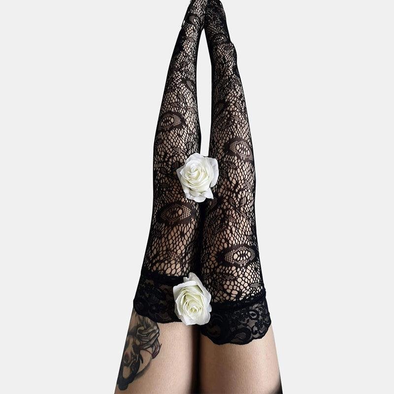 Black Sheer Floral Lace Stockings