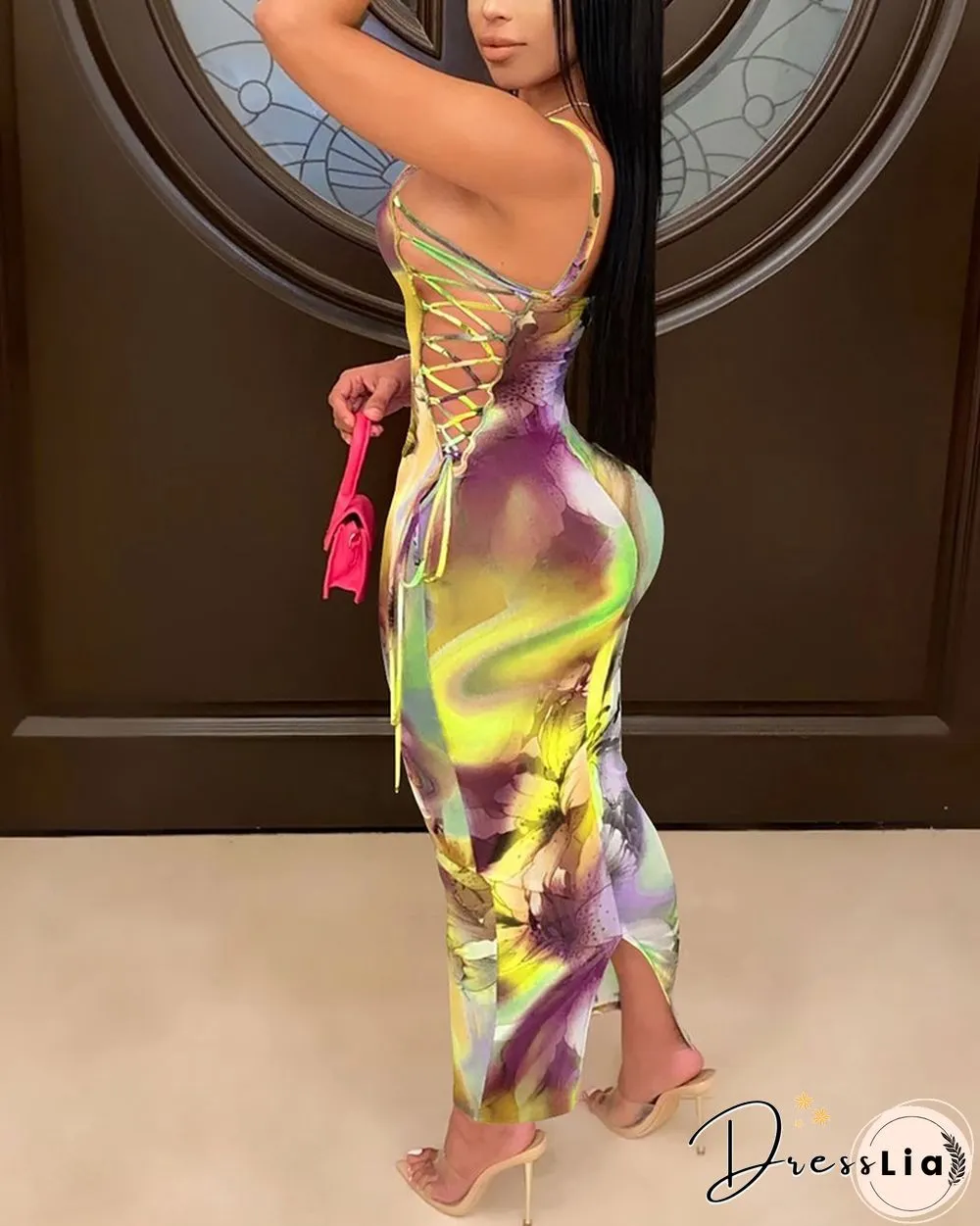 Tie Dye Sleeveless Slim Slit Midi Dress