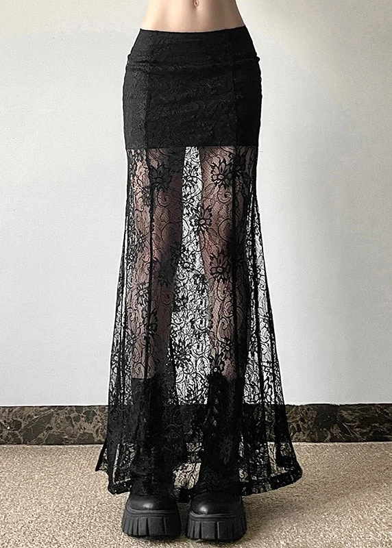 Stylish Black Hollow Out Slim Fit Lace Long Skirt Summer