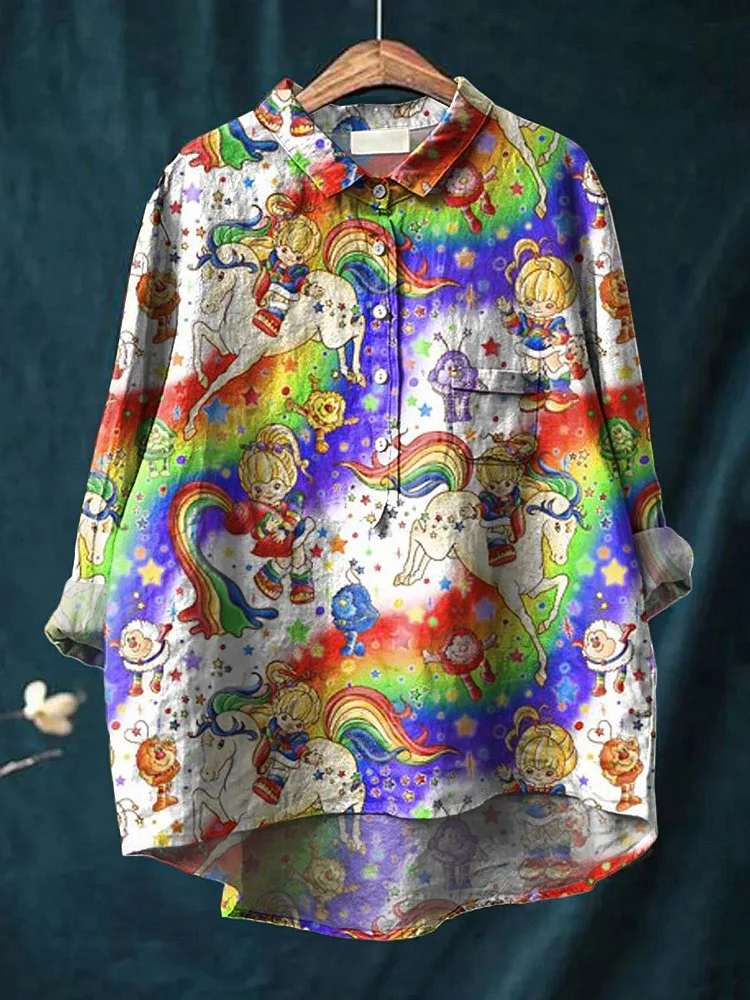 Vintage 1980 Rainbow Girl Cartoon Pattern Art Print Casual Cotton And Linen Shirt