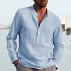 Men's Shirt Linen Shirt Maroon Shirt Solid Color V Neck White Black Gray Wine Army Green Long Sleeve Daily Vacation Tee by Inlyline