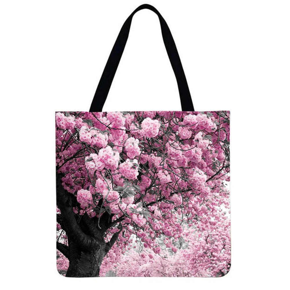 Linen Tote Bag-Pink flower tree