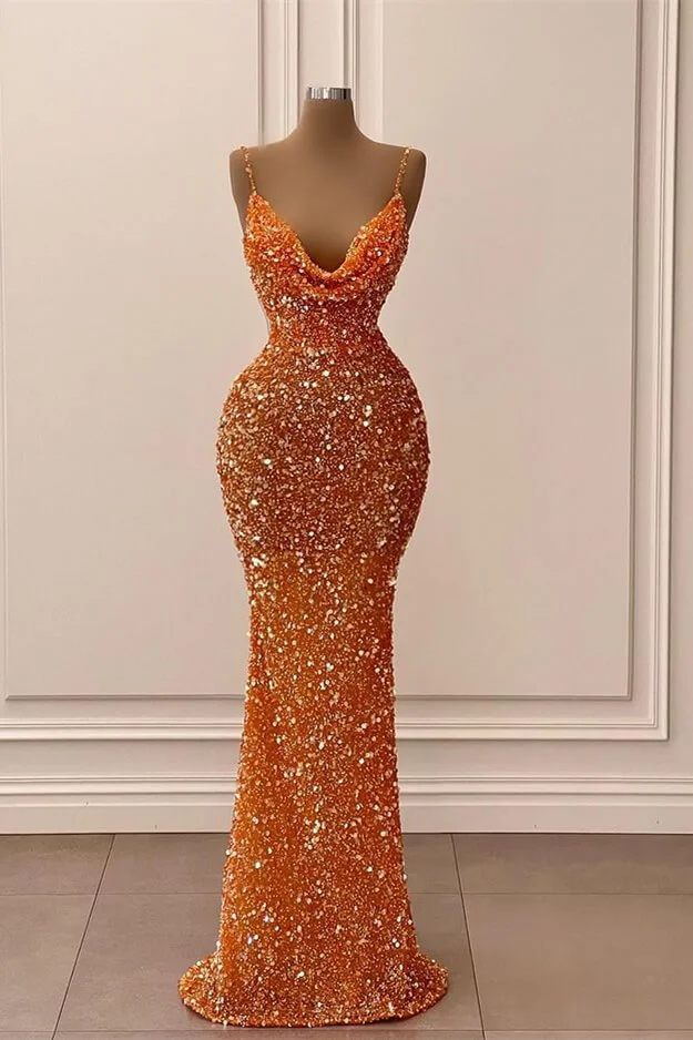 Daisda Orange V-Neck Spaghetti-Straps Mermaid Long Prom Dress With Sequins