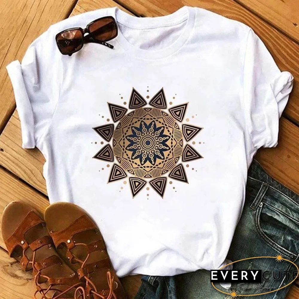 Maycaur New Mandala Floral Printed T Shirt Women Casual Fashion T-shirt Loose Short Sleeve 90s Girls Aesthetics Black Tshirt Top