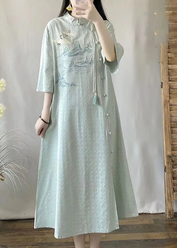 Retro Green Embroideried Tasseled Patchwork Linen Dress Summer