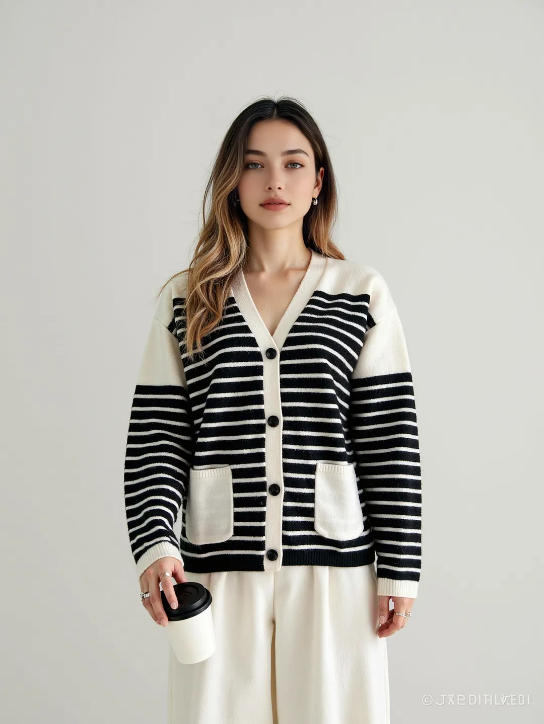 Nigikala Nigikala And Winter Single-Dcup Buckle V-Neck Pocket Knitted Cardigan New Striped Impact Coat
