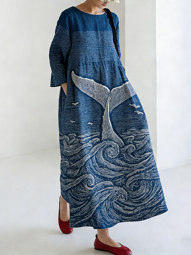 Comstylish Women's Japanese Art Ocean Pattern Linen Dress