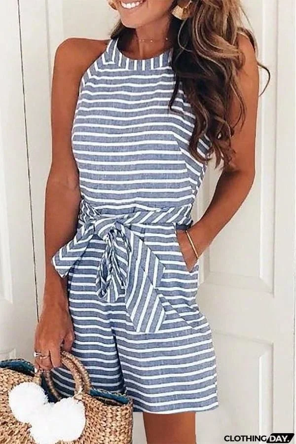 Bow-tie Decoration Striped Loose Romper