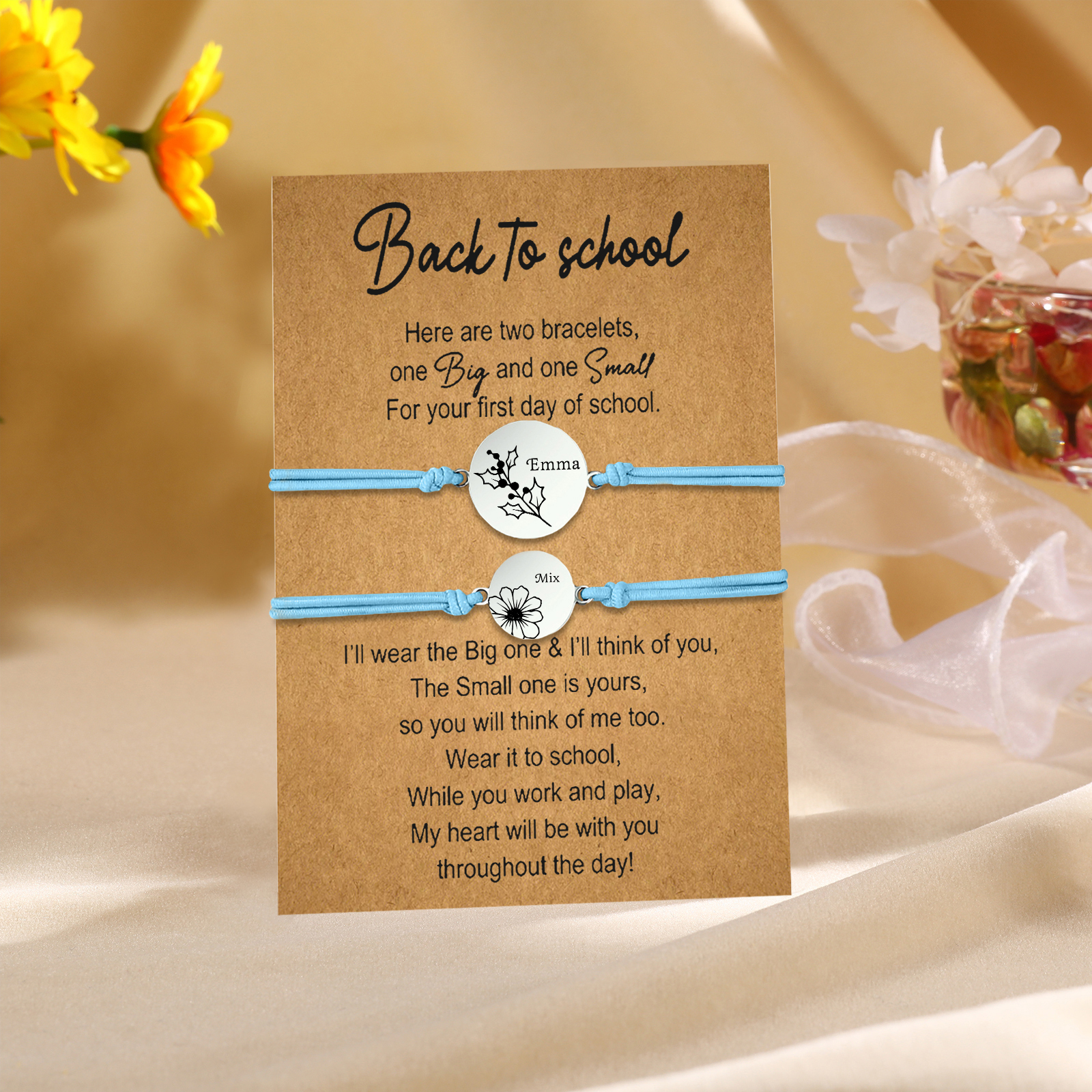 2 Pcs Bracelet Set Personalised Names & Birth Flowers Adjustable Bracelets with Message Card Back to School Gifts for Daughters-Jessemade AU