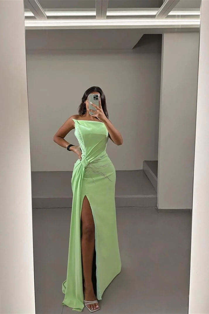 Miabel Charming Bright Sage Satin Long Split Sleeveless Strapless Prom Dress with Beadings 