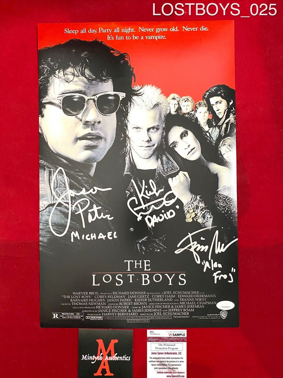 THE LOST BOYS CAST SIGNED 11X17 Photo Poster painting BY 3! SUTHERLAND, PATRIC, NEWLANDER! JSA!