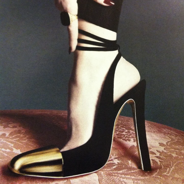 Black and Gold Slingback Pumps Square Toe Ankle Strap Heels |FSJ Shoes