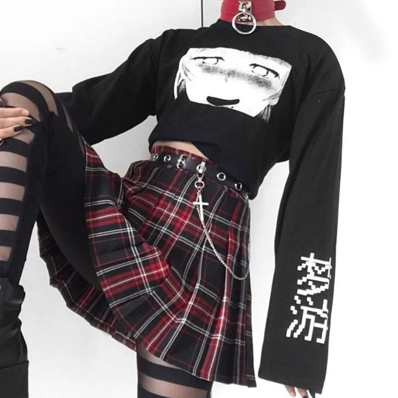 InsGoth Casual Black Print Crop Top Women Gothic Punk Black Long Sleeve Short Tops Harajuku Grunge Female Loose Tops