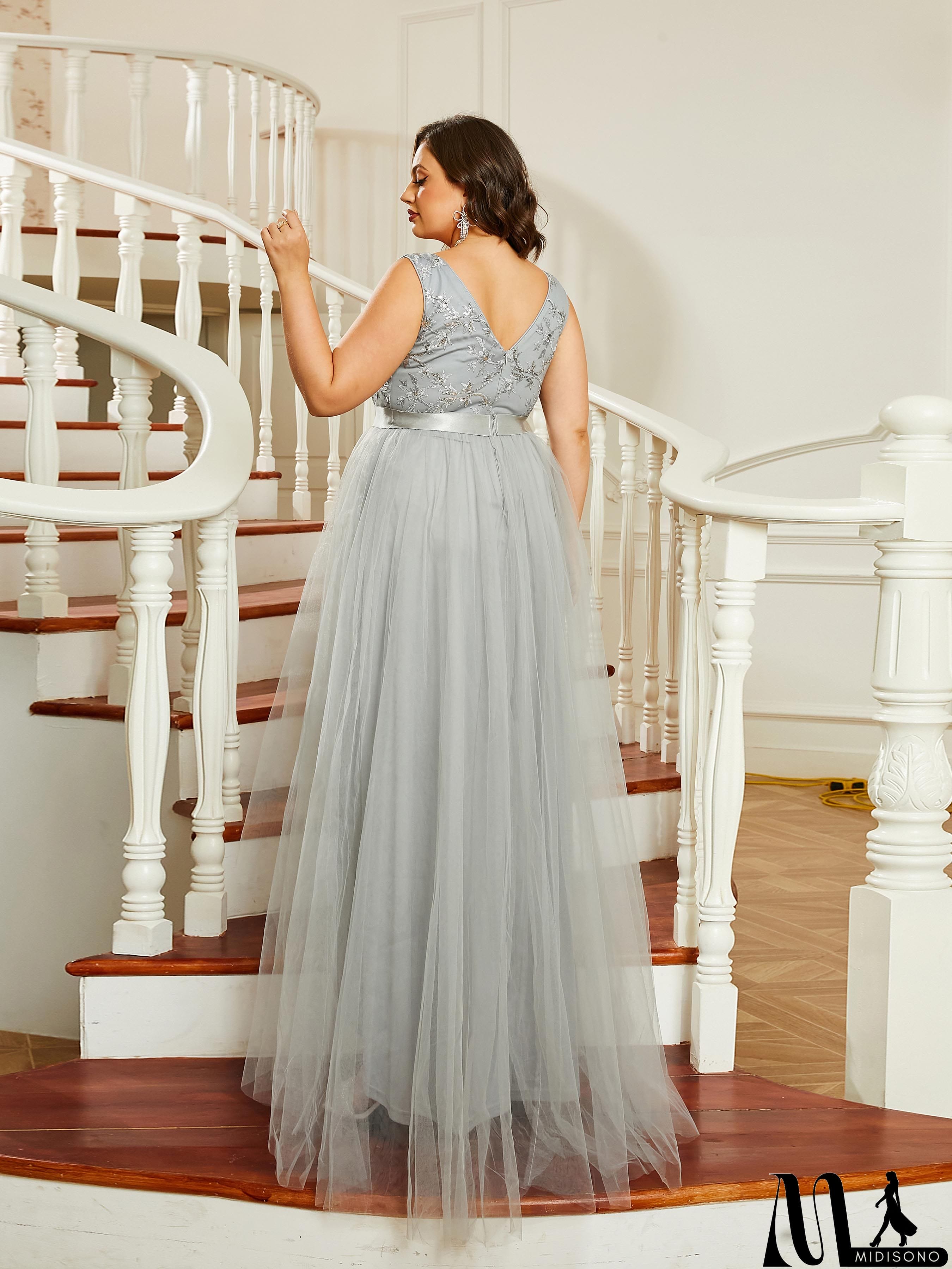 MidiSono - Plus Size Asymmetric V-Neck A-Line Backless Prom Dress PRJ10336