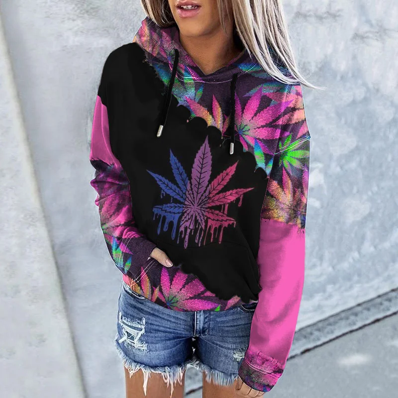 Long Sleeve Gradient Leaf Print Hoodie