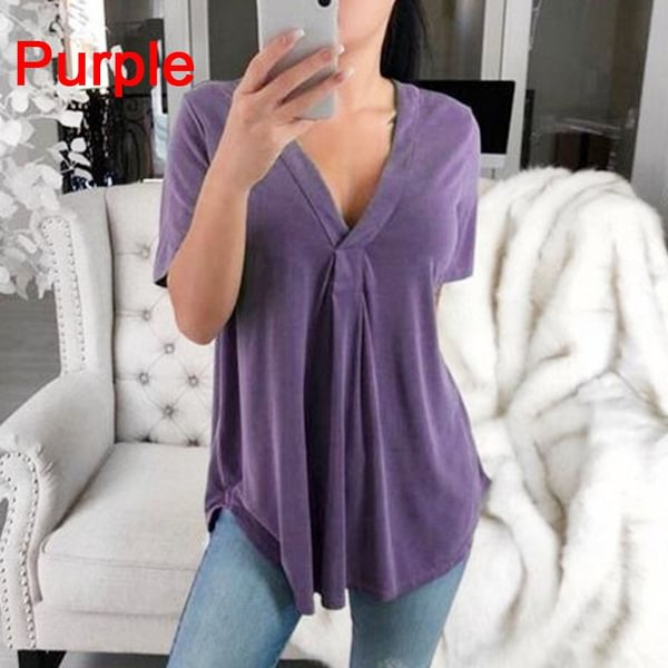 Summer Sexy Women Fashion Casual Loose Tops Casual T-Shirt Summer V-Neck Solid Color Plus Size Short Sleeve Blouse - Shop Trendy Women's Clothing | LoverChic