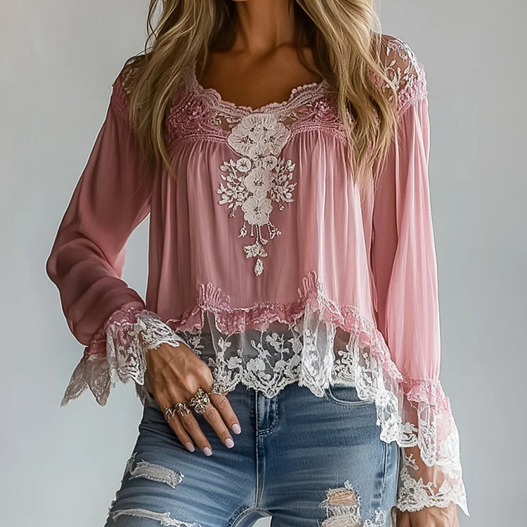 Ursime Round Neck Lace Floral Long Sleeve Blouse