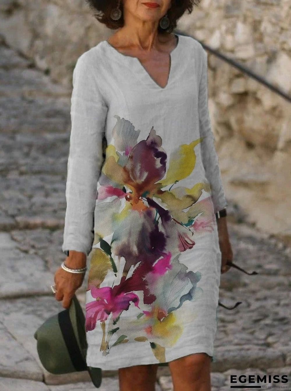 Casual Art Floral Print V-neck Long Sleeve Midi Dress Women | EGEMISS