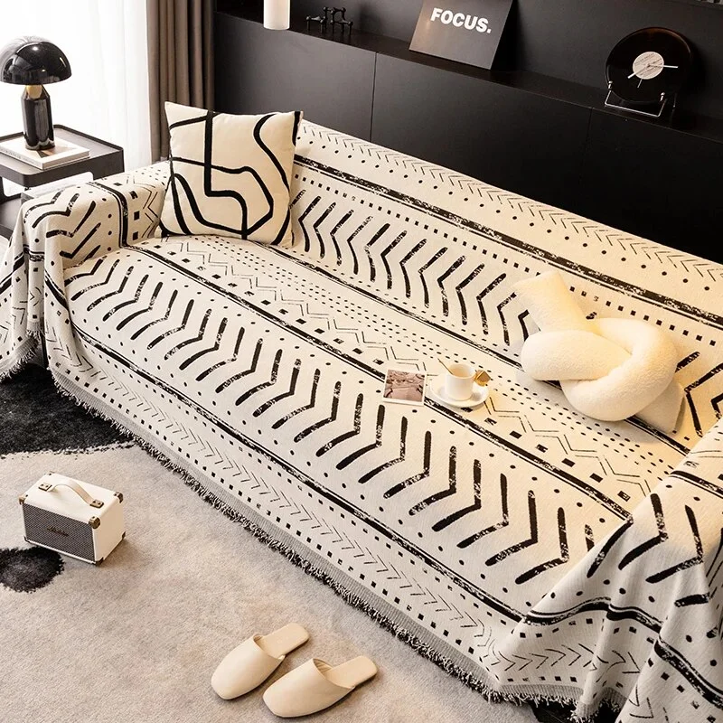 Athvotar Style Sofa Cover with Tassel, Two Sides Throw Blanket, Sofa Covers, Geometric Lines, Towel Ins, Home Decor, Tapestry