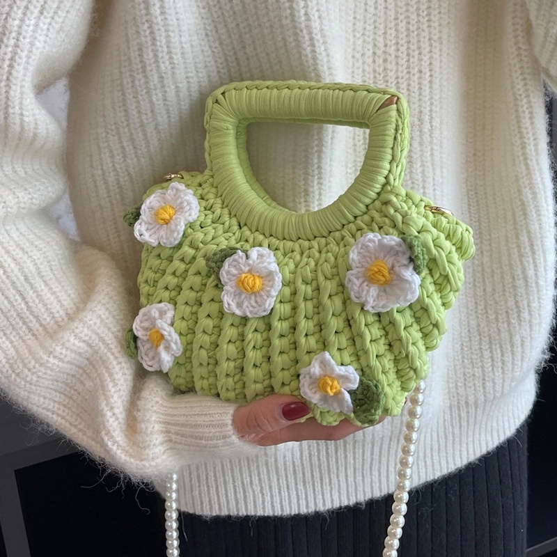 Women’s Medium Fabric Flower Cute Weave Open Crochet Bag