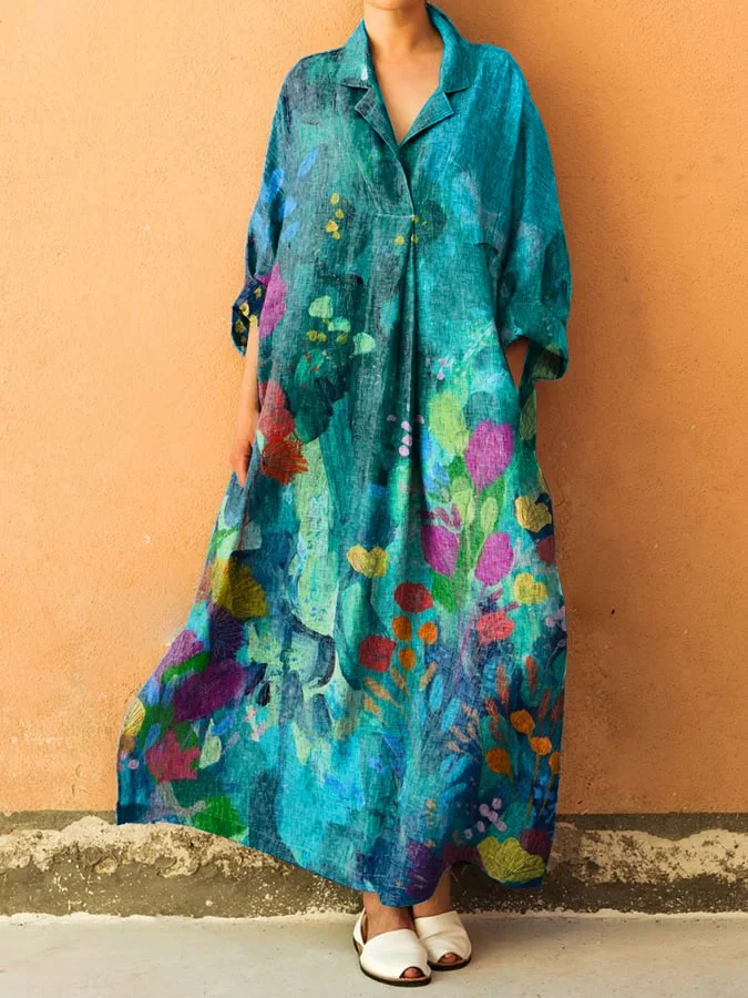 Vintage Floral Print Shirt Collar Long Sleeve Loose Dress