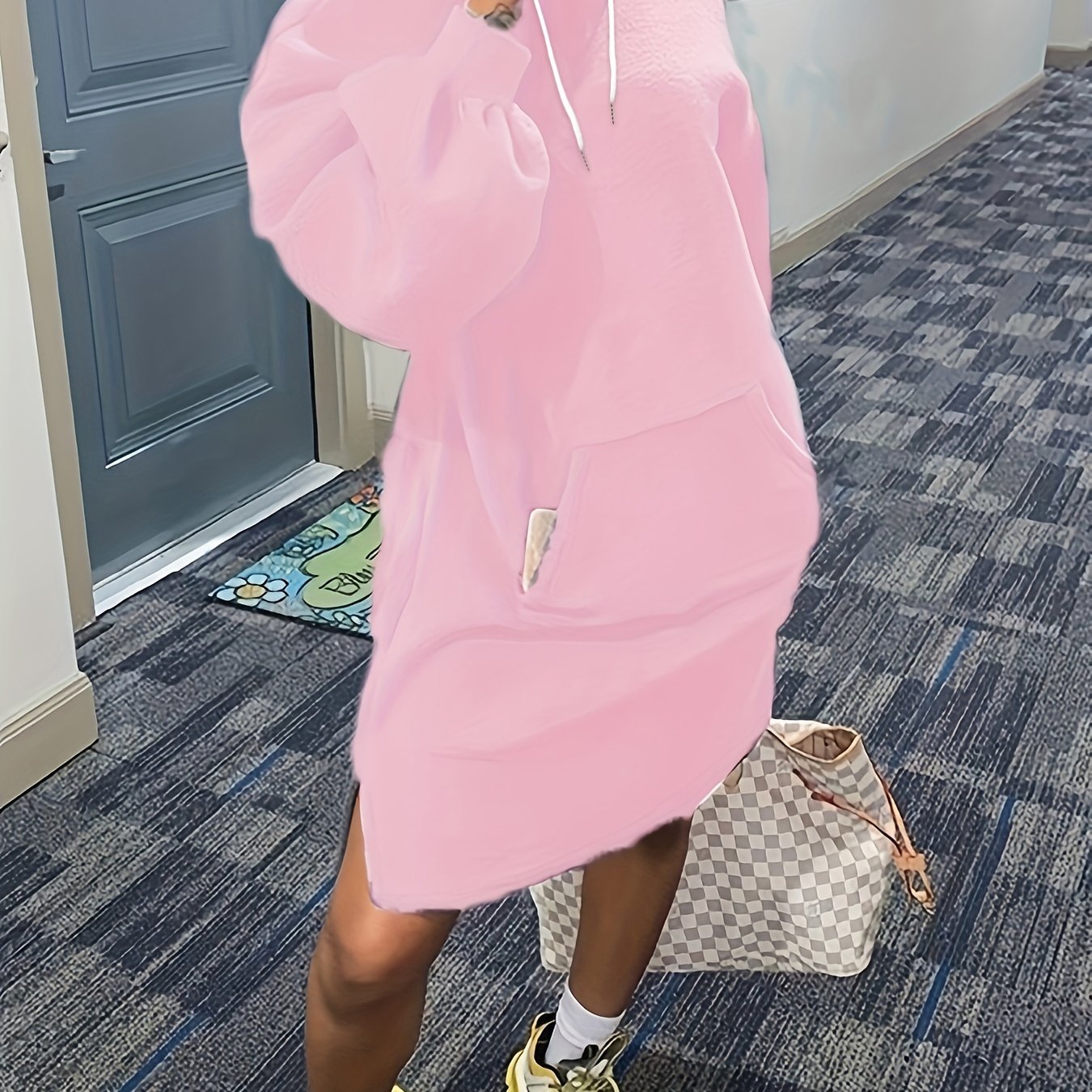 Plus Size Casual Dress, Women's Plus Solid Long Sleeve Hooded Drawstring Loose Fit Sweatshirt Dress With Kangaroo Pockets