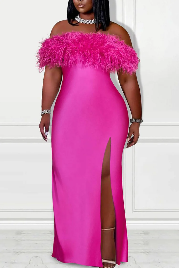 Plus Size Formal Dress Hot Pink Off The Shoulder Feather Satin Side Slit Maxi Dress [Pre-Order]