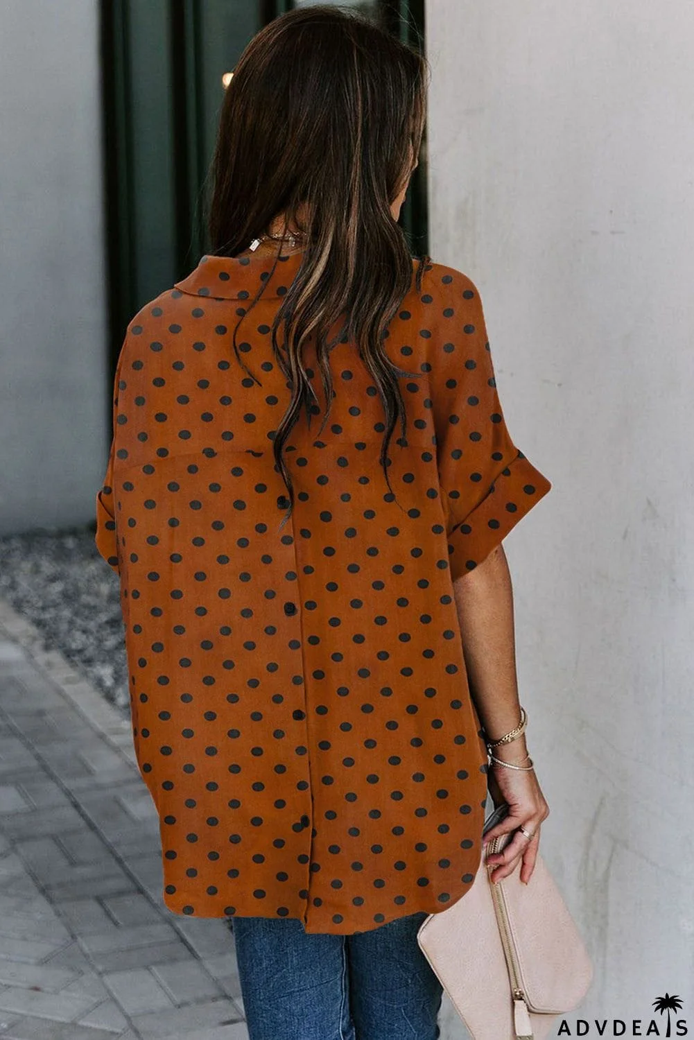 Dotted Print V Neck Drape Front Blouse