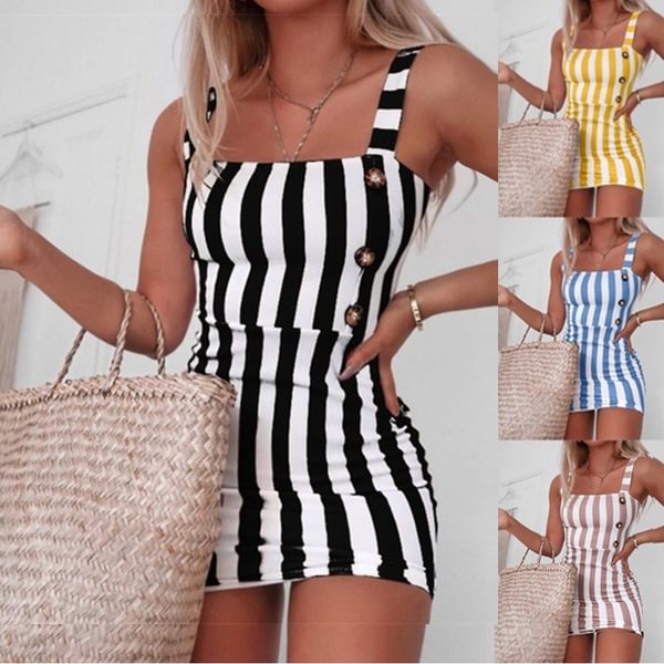 NEW Fashion Women Vintage Vertical Striped Mini Sexy Button Cami Spring and Summer Dresses - Life is Beautiful for You - SheChoic