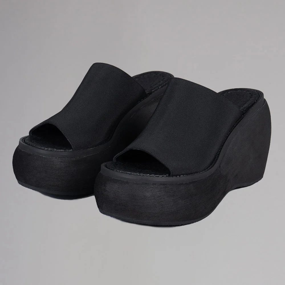 Fabric Peep Toe Wide Strap Wedge Heel Black Platform Mules Sandals