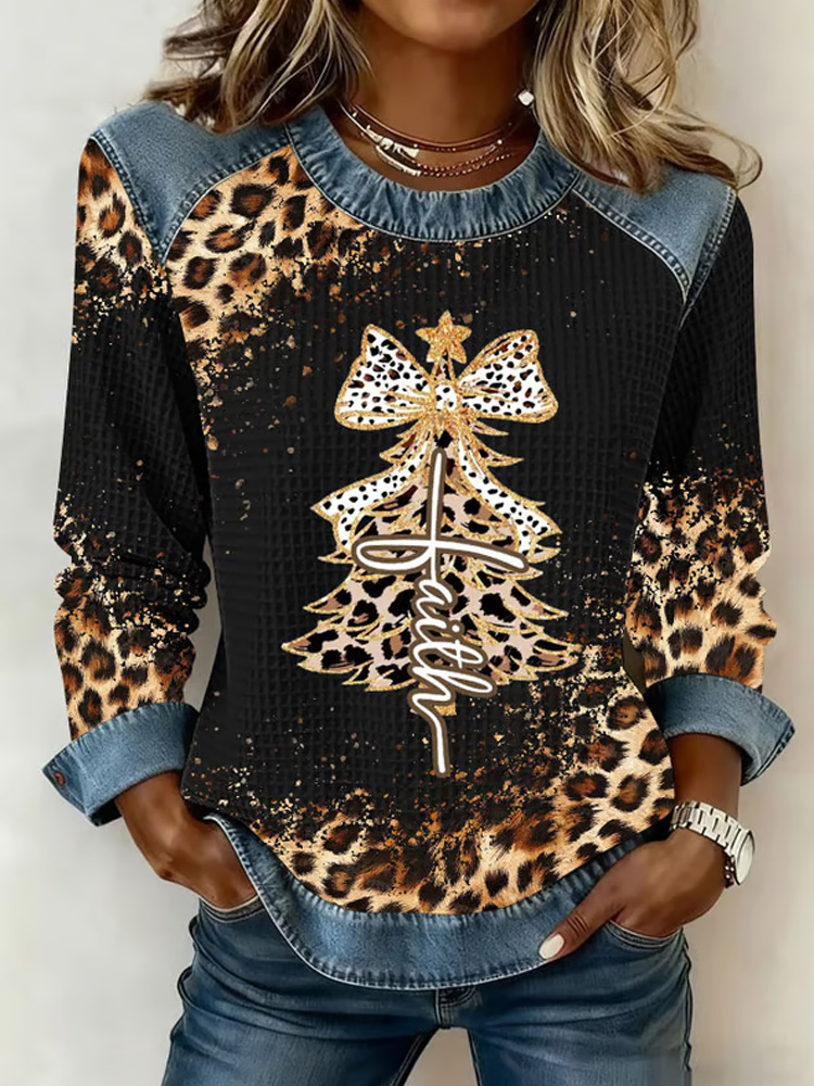 Women's Faith Christmas Print Patchwork Crew Neck Sweatshirt elevenforest