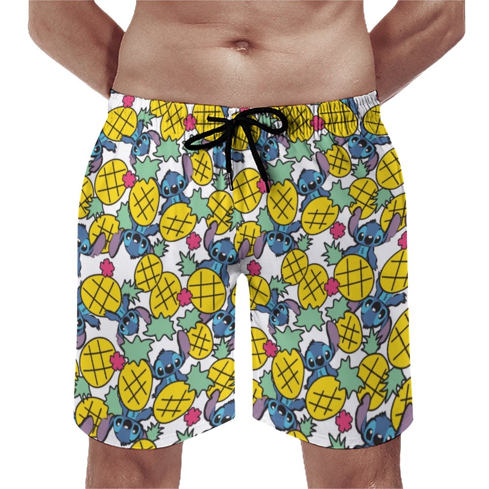 Lilo Stitch Pineapple Pattern Elegant Men's Swim Trunks Summer Board Shorts Quick Dry Beach Short with Pockets