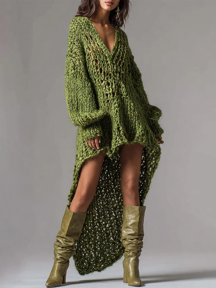 Ursime Party Army Green V Neck Long Sleeve Asymmetric Hem Western Rib Knit Mini Dresses [Pre-Order]
