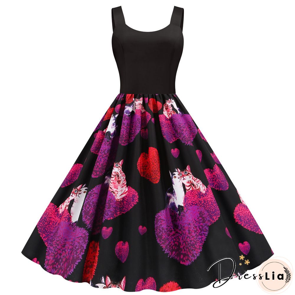Sweet Heart Print Swing Vintage Women Summer Dress Sexy Halter Retro Rockabilly Rave Party